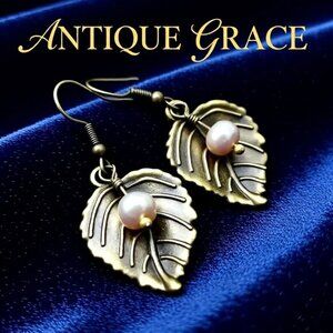 Ultra Feminine! Genuine Freshwater Pearls Bronze Leaf Earrings Timeless Elegance